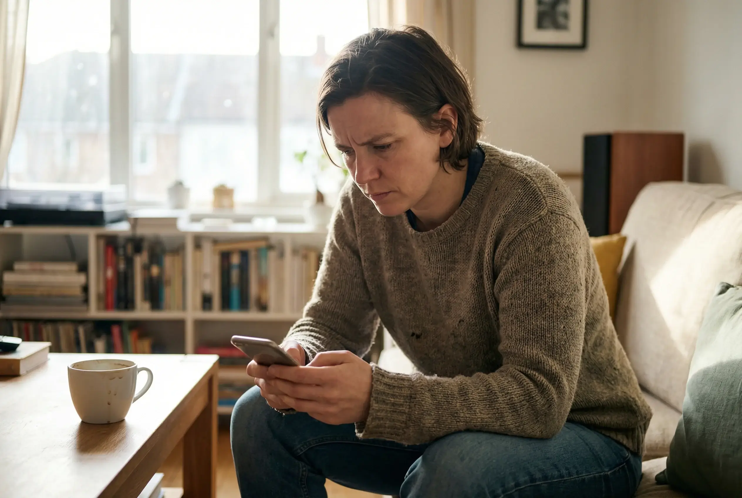 Pessoa pensativa consultando informações no celular