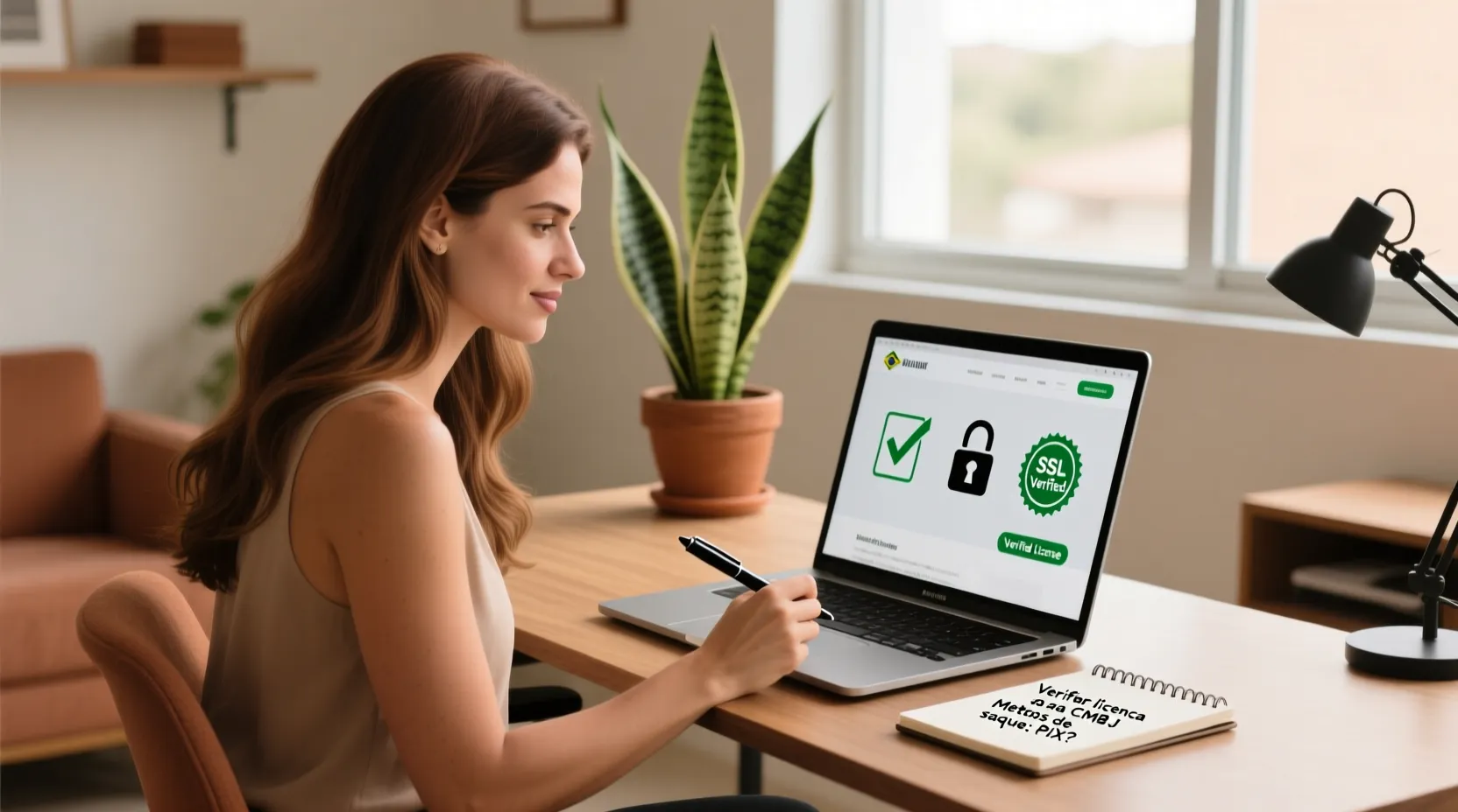 Pessoa pesquisando e avaliando plataforma de apostas com segurança no notebook