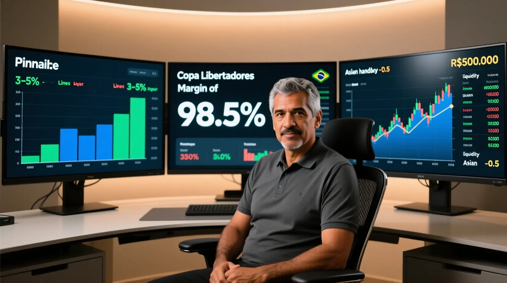 Analista profissional de apostas trabalhando em estação com múltiplos monitores e dashboards