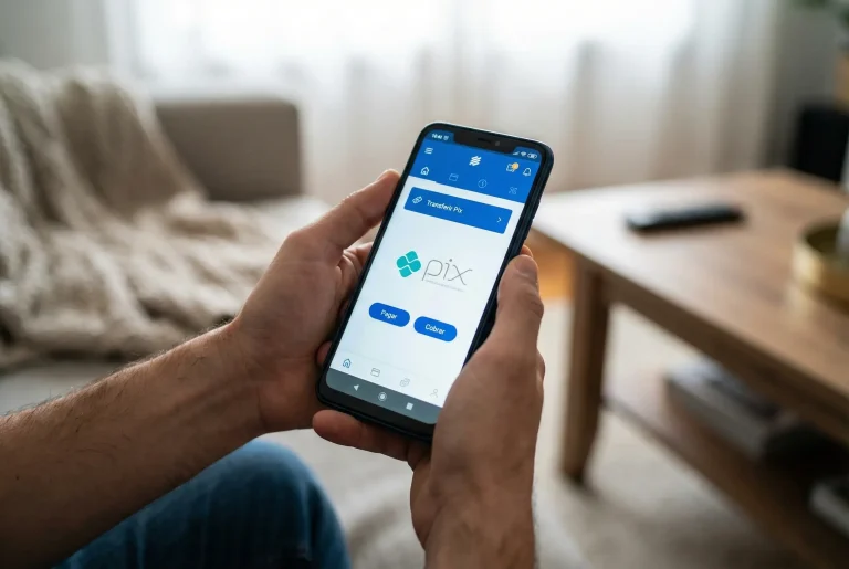 Smartphone mostrando tela de aplicativo bancário com opção PIX em mãos de pessoa