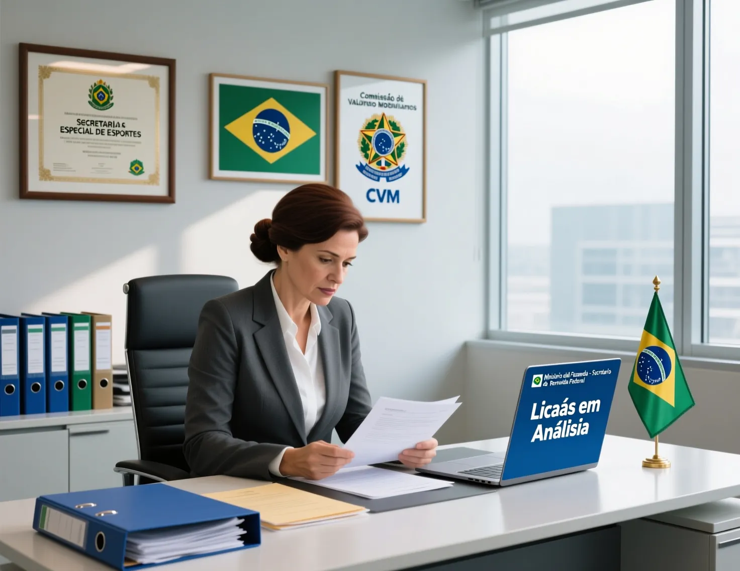 Profissional em escritório governamental brasileiro revisando documentos de regulamentação de apostas