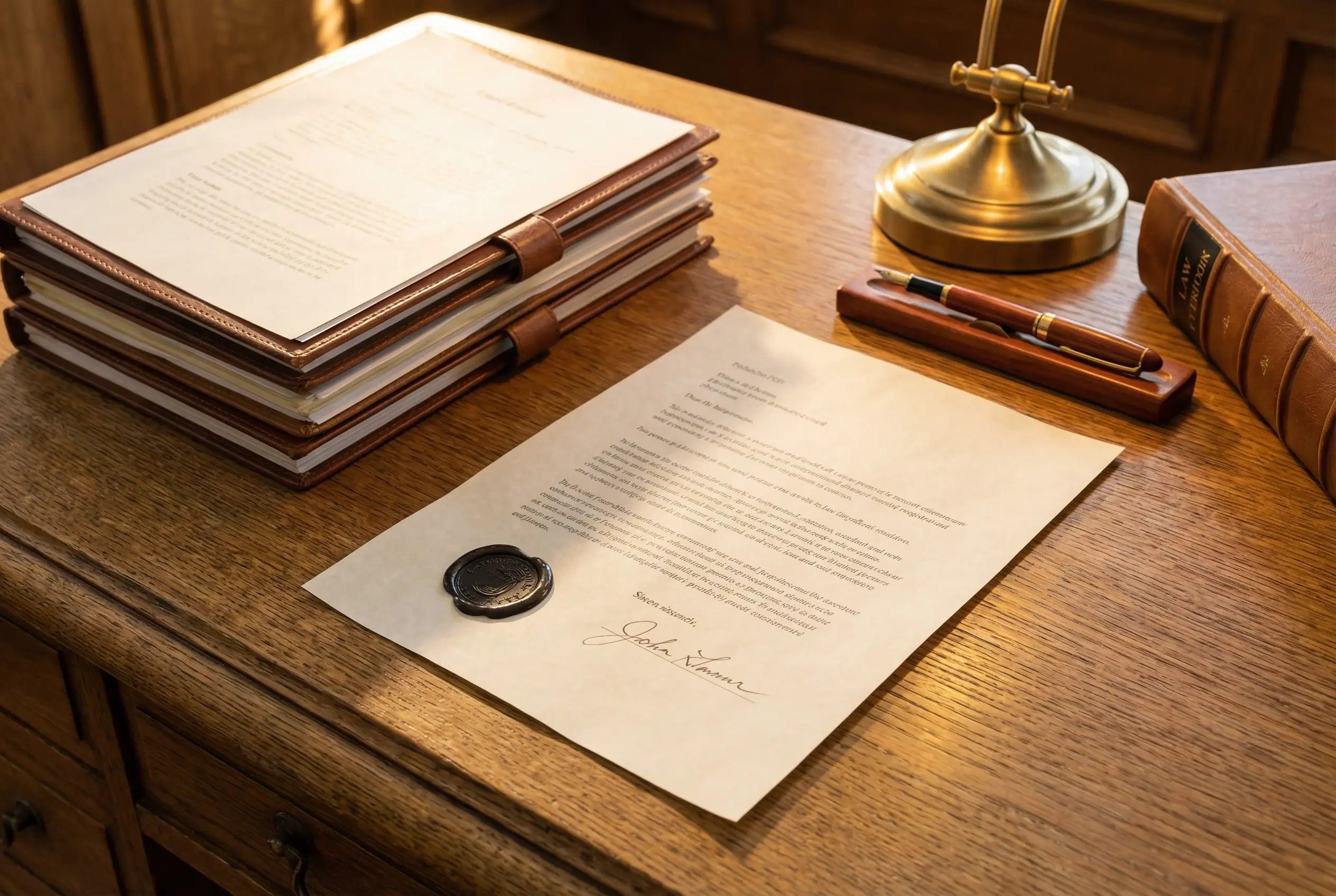 Documento oficial com selo e assinatura sobre mesa de escritório