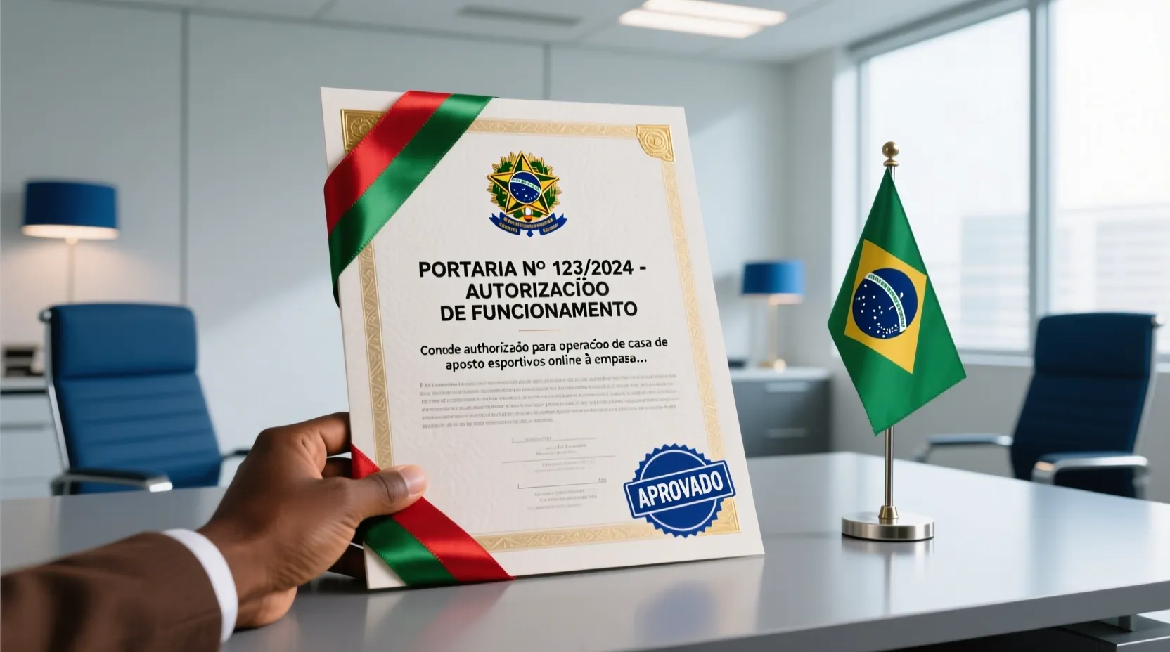 Documento oficial com selo dourado e bandeira brasileira representando proteção regulatória ao apostador