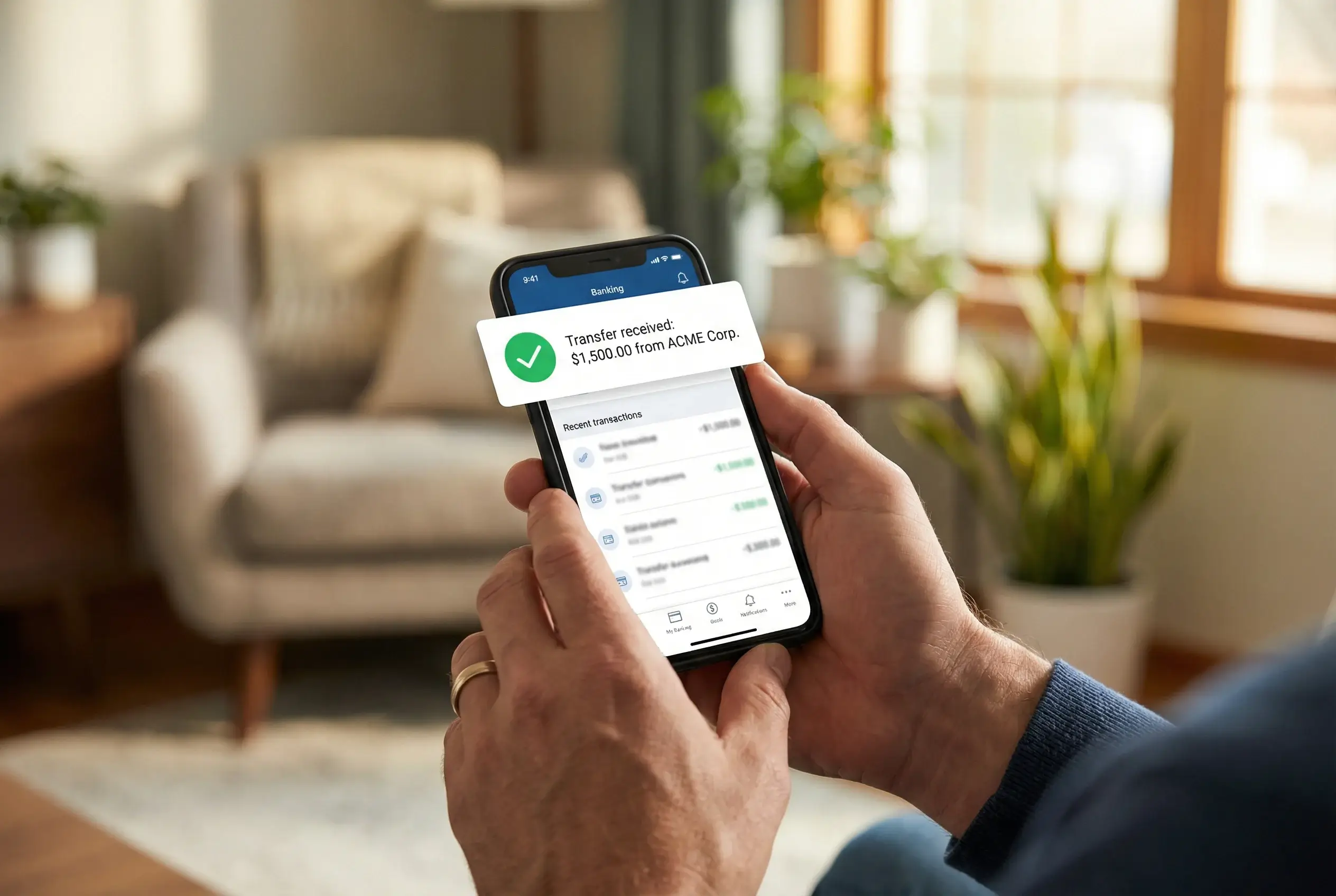 Mãos segurando smartphone com notificação de transferência recebida na tela