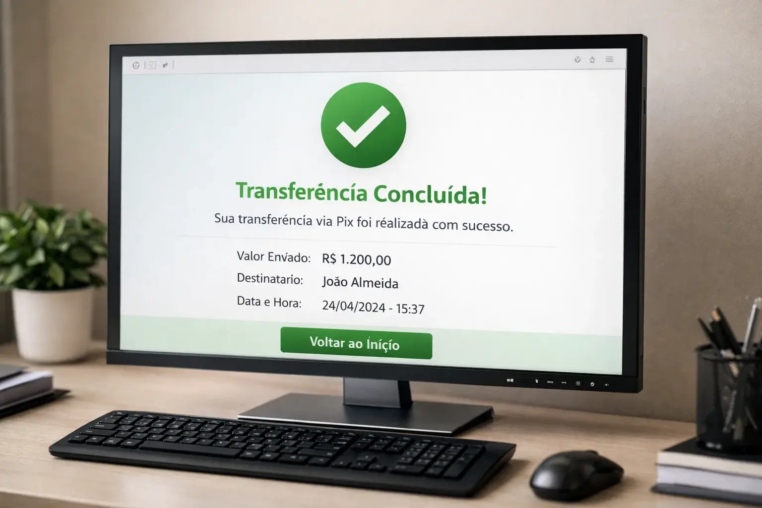 Tela de computador mostrando confirmação de transferência PIX bem-sucedida