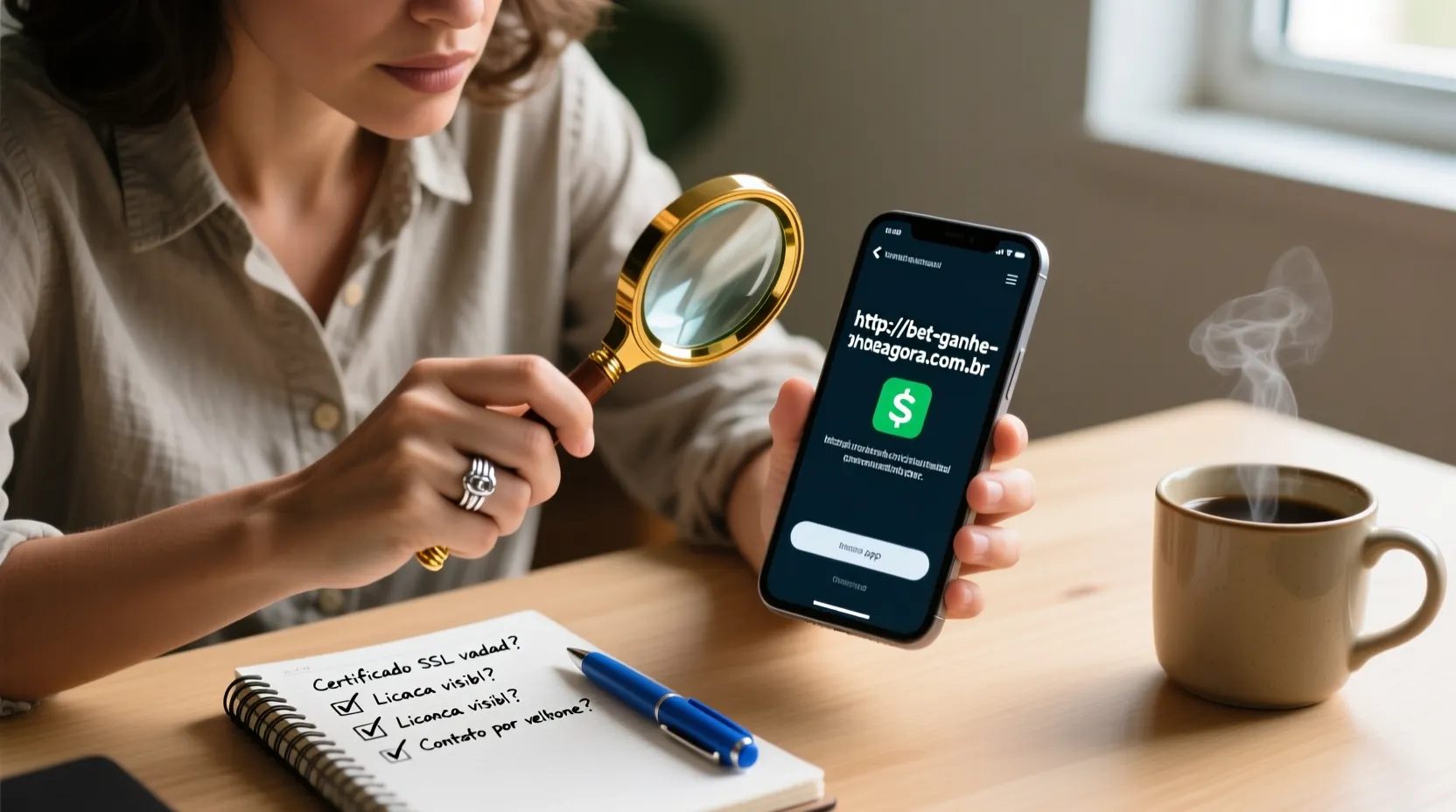 Mãos segurando lupa sobre smartphone examinando detalhes de site com bloco de notas ao lado