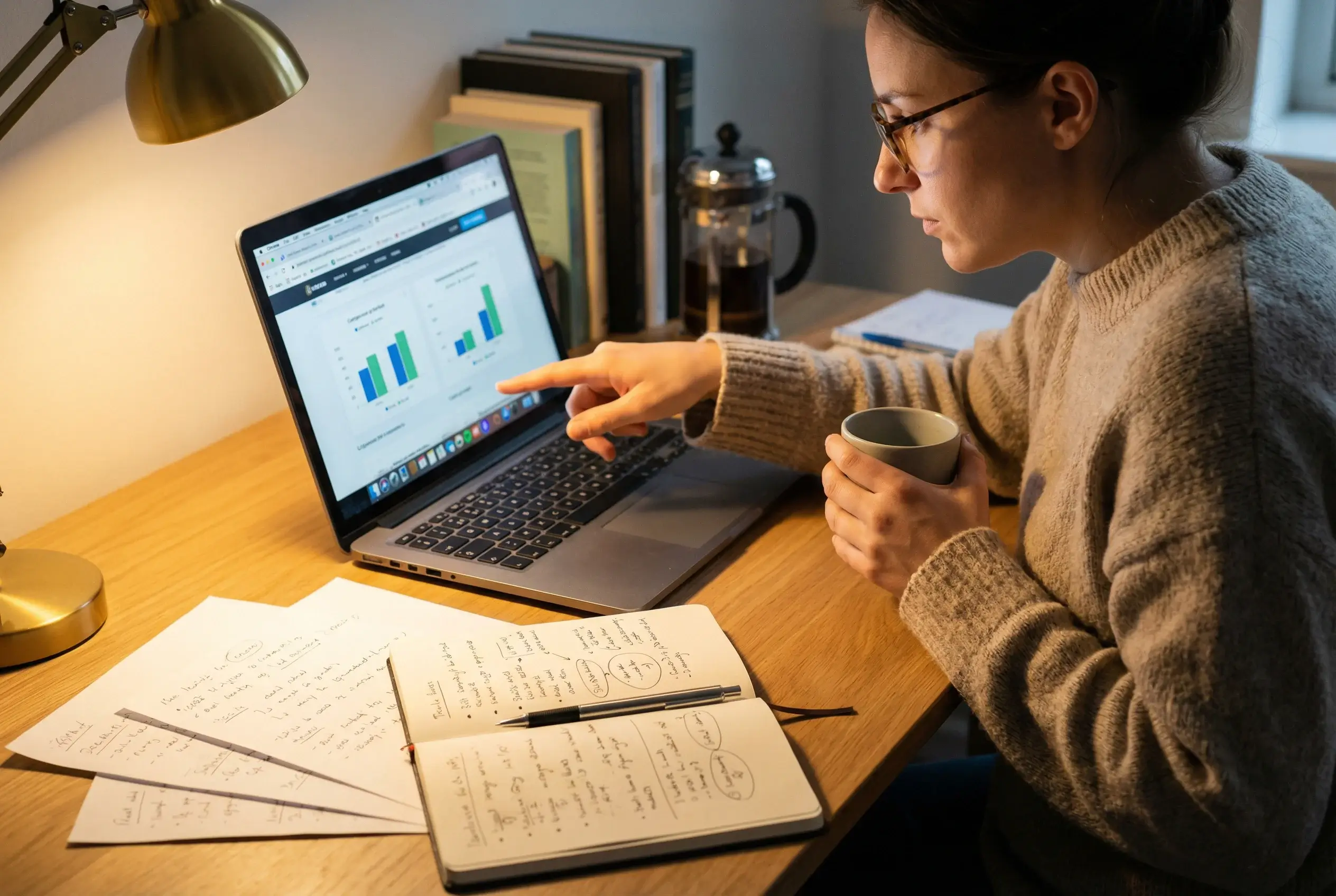 Pessoa comparando opções em laptop com anotações na mesa