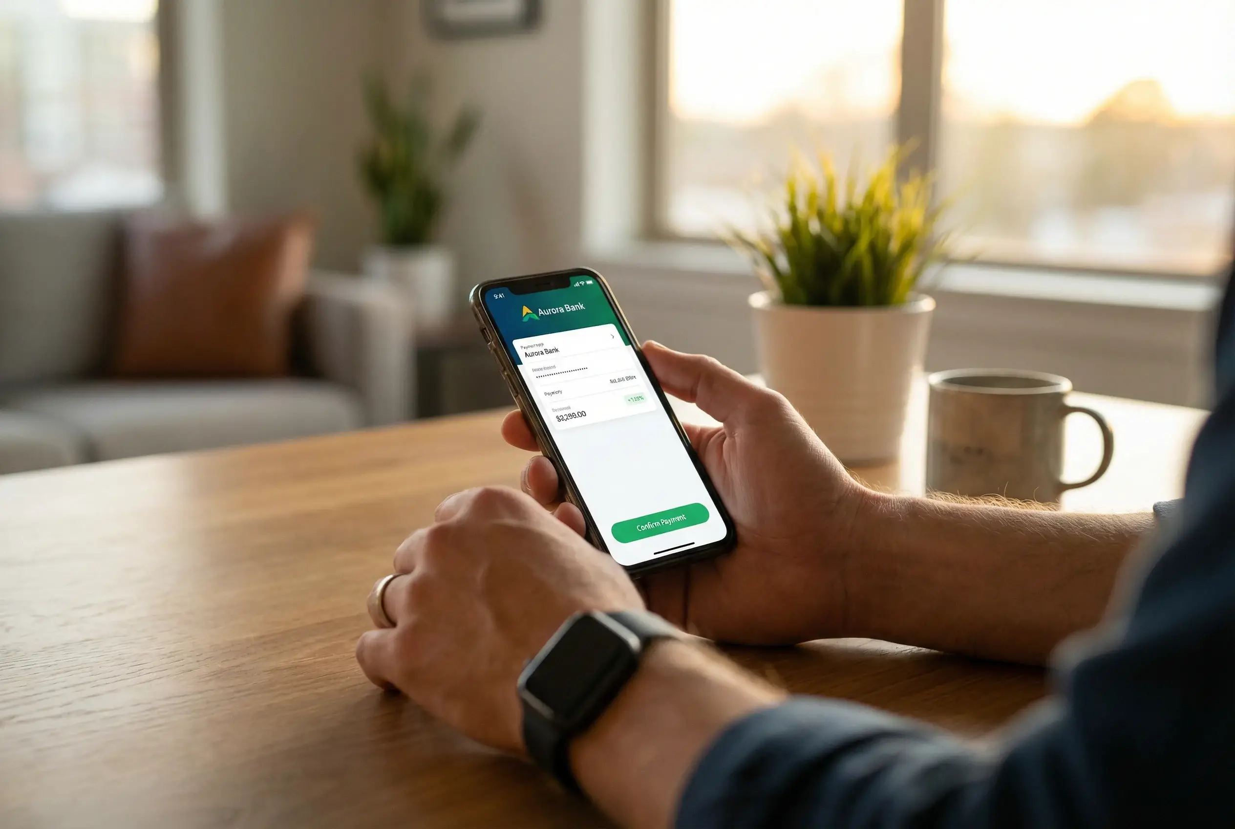 Pessoa realizando transação financeira pelo celular com aplicativo bancário
