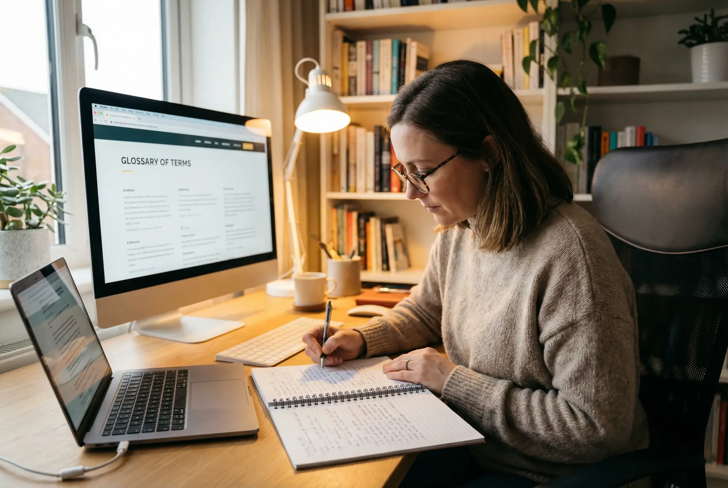 Pessoa consultando glossário em computador com caderno de anotações