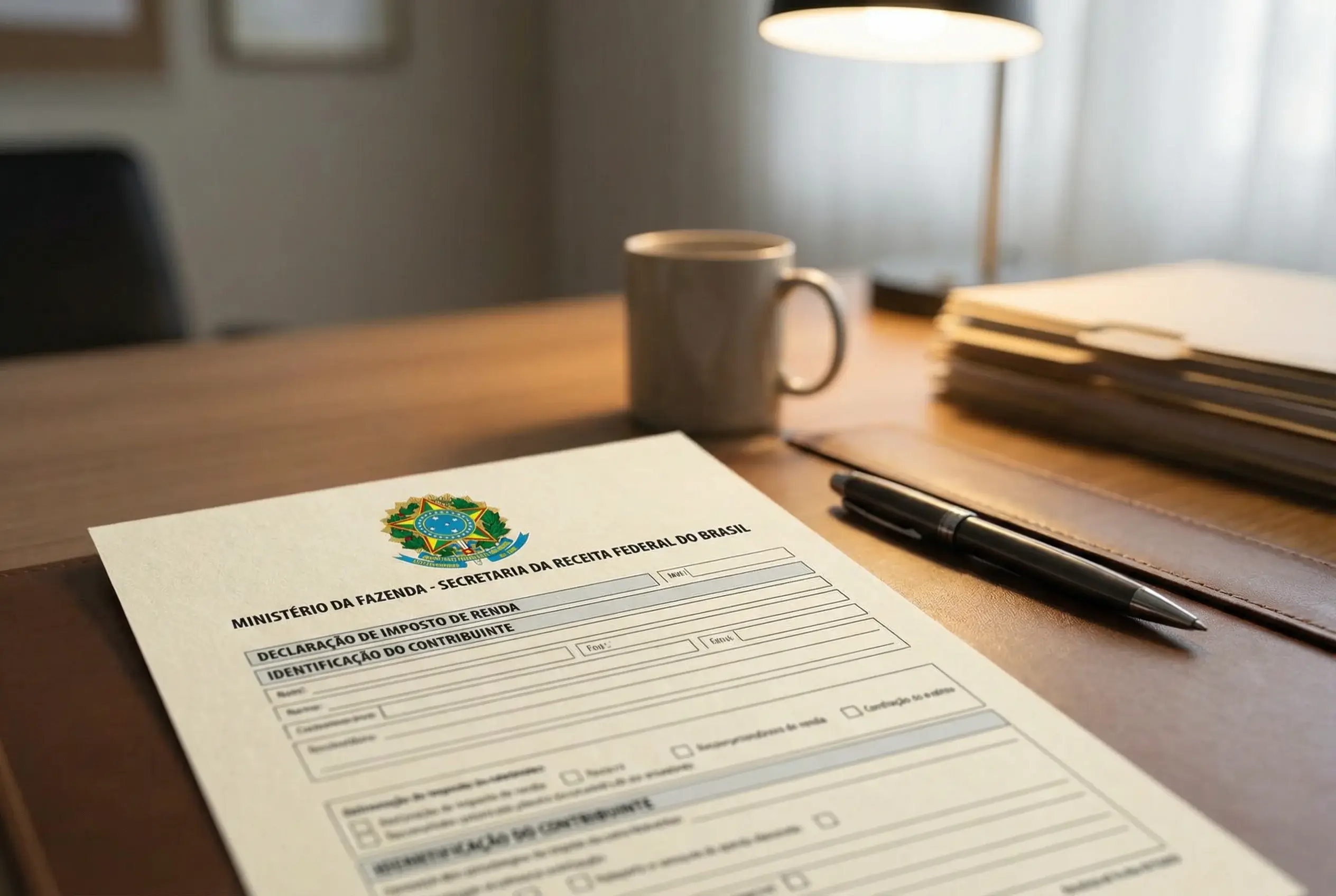 Documento oficial com símbolo da Receita Federal sobre mesa de escritório