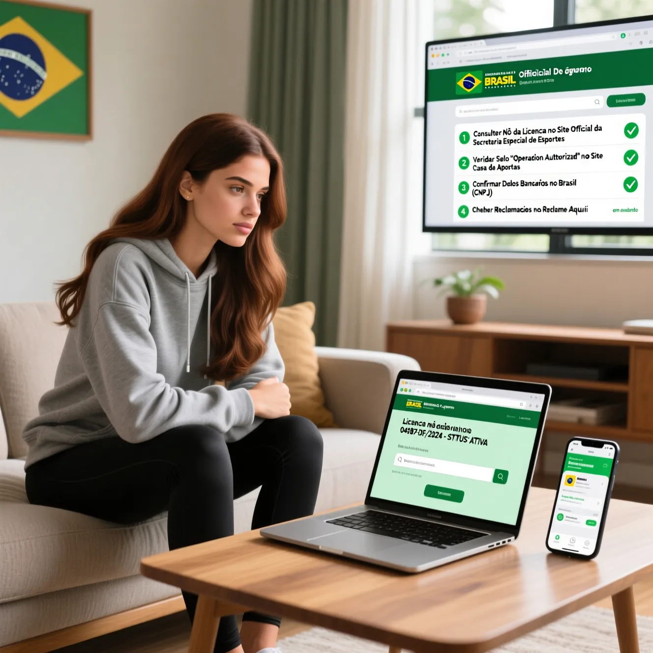 Mulher brasileira pesquisando e verificando informações sobre casas de apostas no laptop em casa