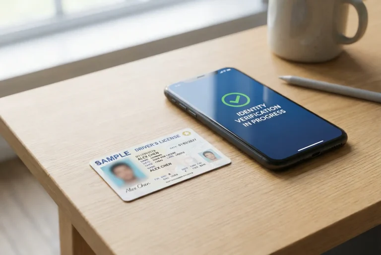 Documento de identidade e smartphone sobre mesa representando processo de verificação