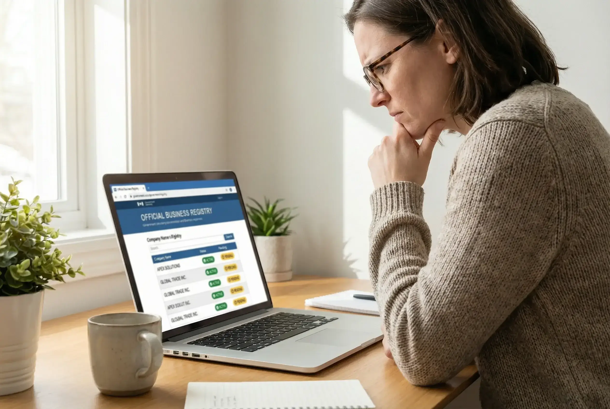 Pessoa verificando lista de empresas autorizadas em laptop com expressão atenta